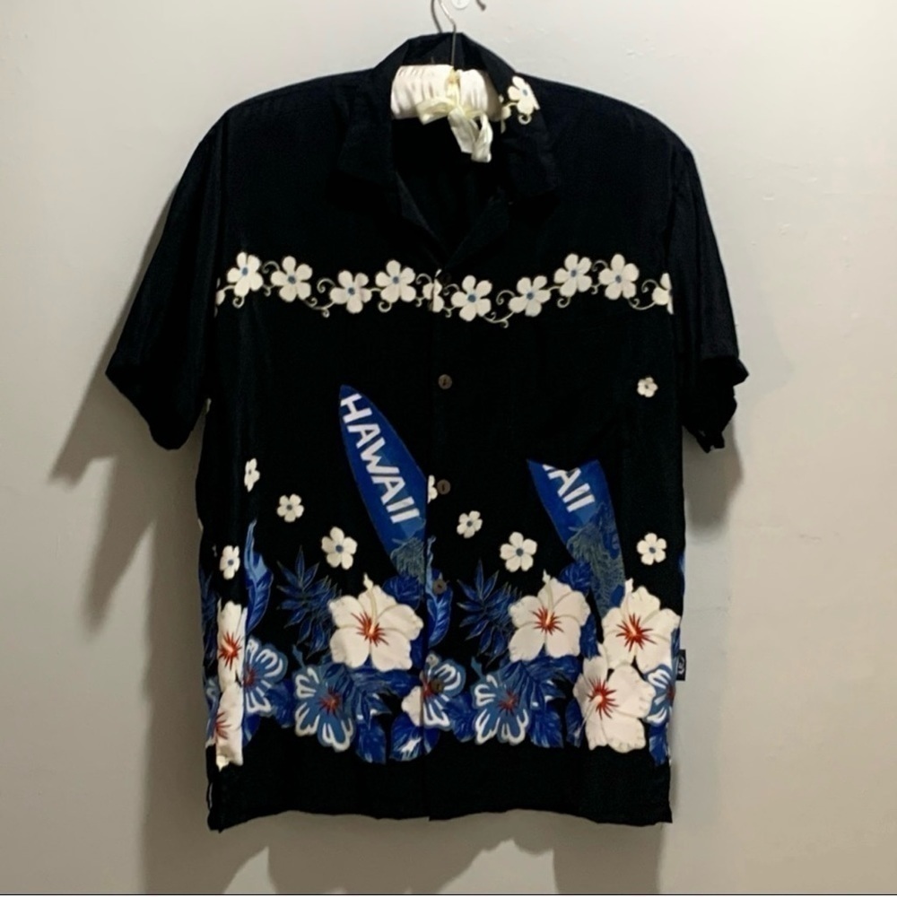 Excellent Mens Black Hawaiian Shirt Size Large Uluwatu Tropical Floral Hawaii
